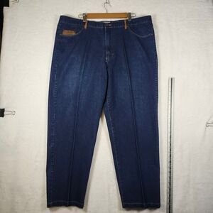 Stacy Adams Mens Dark Wash Denim Jeans  42x32 Classic  Pleated Front Tan Accents